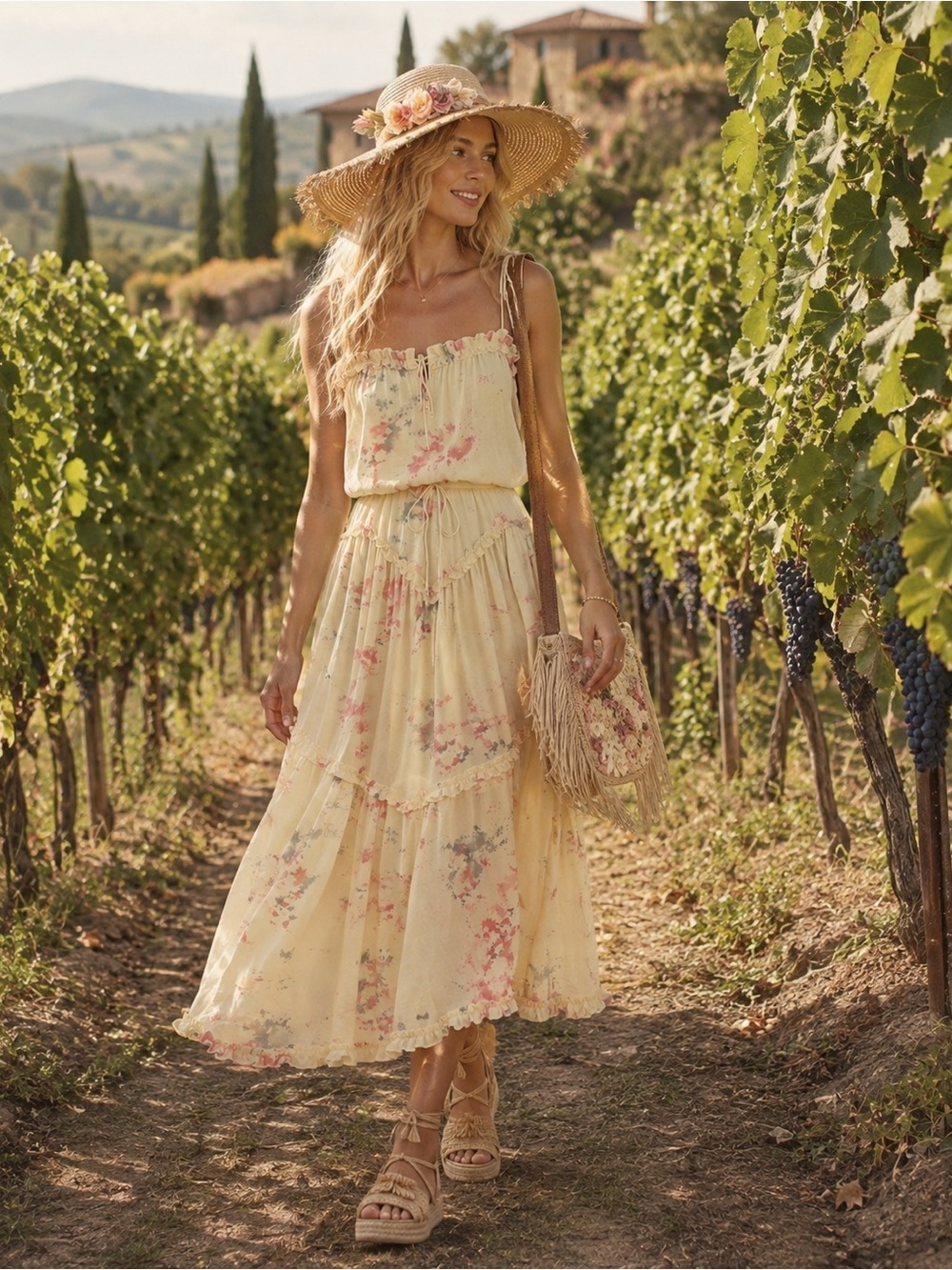 Anthropologie S/W/F Villa Cream Pink Multi Ruffles  Tie-Dye Dress 100% Rayon S.
